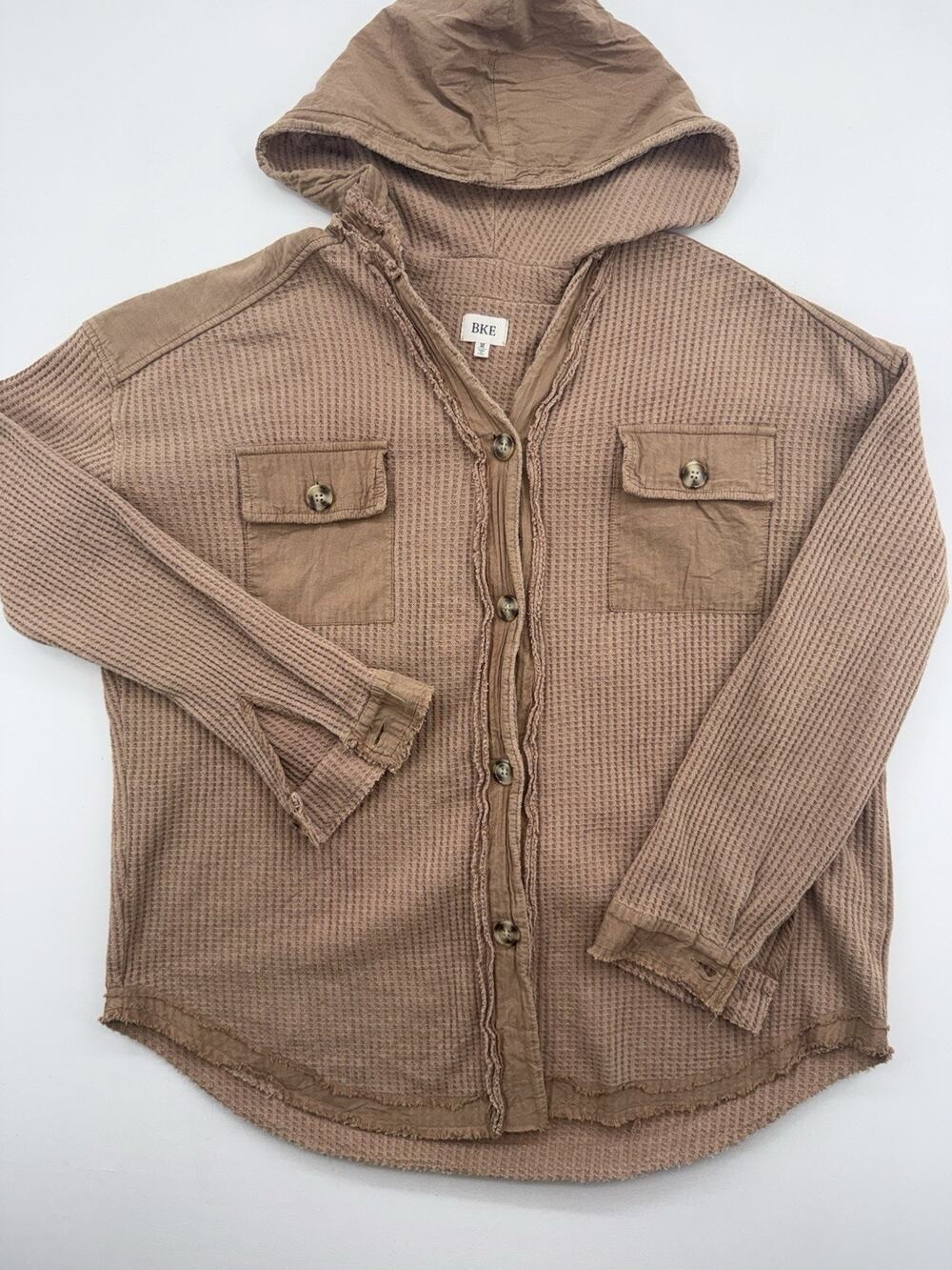 BKE Washed Waffle-knit Boyfriend Shirt Hoodie Button Up Brown- M